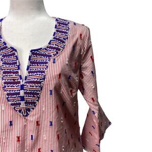 GLAMOURPUSS Womens Flounce Sleeve Tunic Top Size Small Red White Blue Beaded USA
